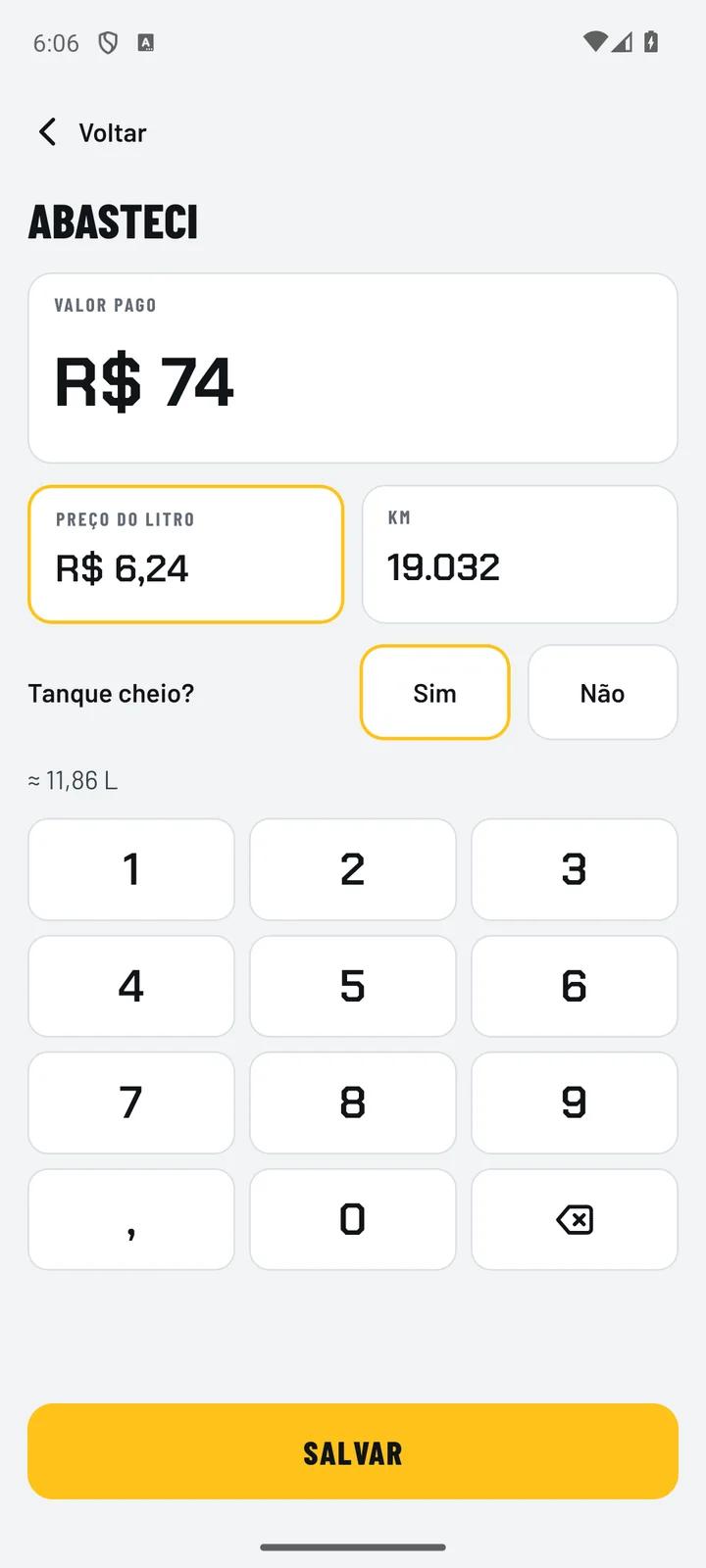 Tela de abastecimento