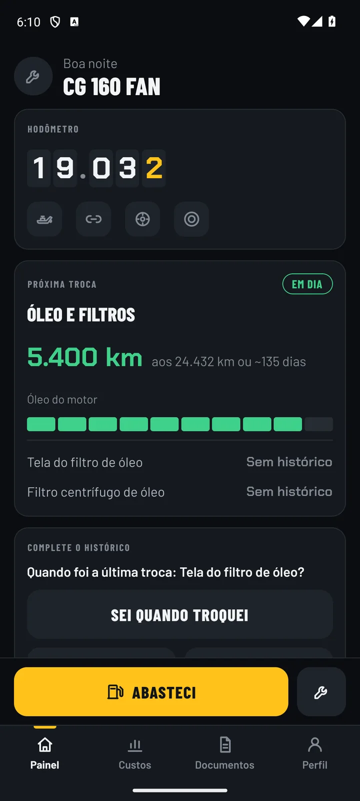 Painel do Bauleto no modo escuro