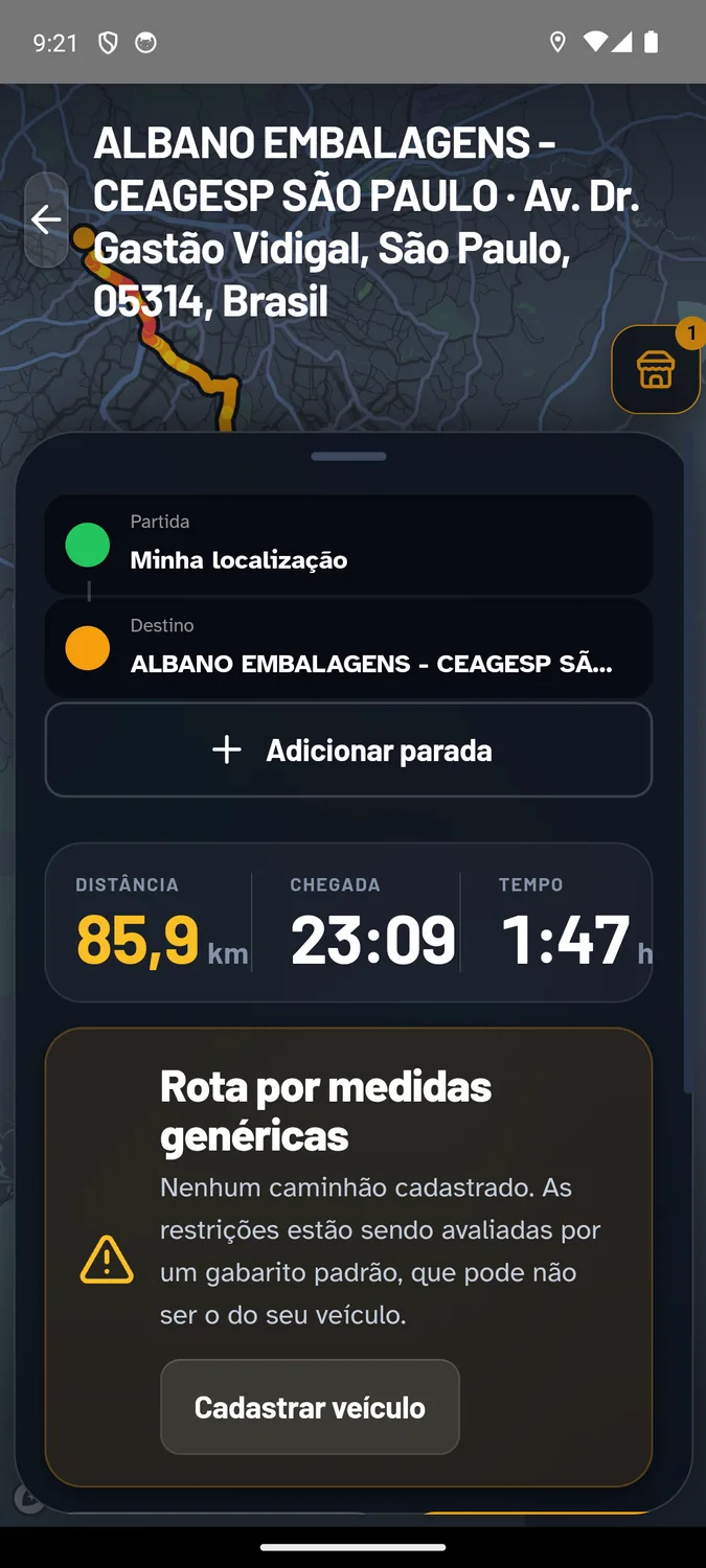 Resumo da rota com paradas