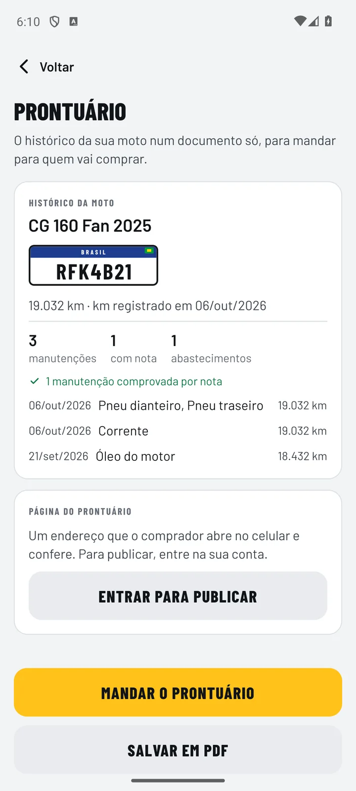 Prontuário para a revenda, com serviços comprovados por nota